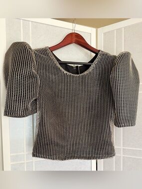 Modern Filipiniana Black & White Puff Sleeve Grid Top